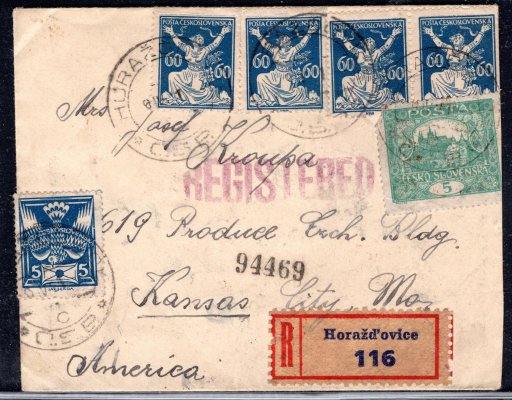 R dopis malého formátu zaslaný z Horažďovic do USA, frankovaný 4 x 60 h OR + Hradčany 5 H a Holubice 5 h, příchozí raítko