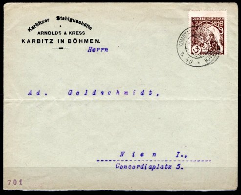 Firemní dopis frankovaný hodnotou 25 h hnědá, adresováno do Rakouska, frankatura přesně dle v té době platného tarifu pro tuzemsko (), otisk vlakového razítka s datem 29. X. 19