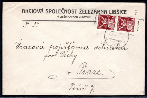 dopis vyplacený 2 x známkou 154 C, typ I, ležmý hřeben z Libšic, 2/II/21 do Prahy, zk Chvalovský, hezká celistvost