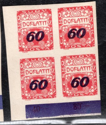 DL 38, doplatní, levý dolní rohový 4 blok, s počítadly, vrása, červená 60/400, obtisk přetisku 
