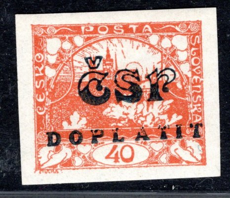 1922 ZT , zkusmý tisk  ČSP / DOPLATIT  v černé barvě na zn. č. 14, oranžová 40 h, tyto ZT se vyskytují zřídka - krásný kus ! 