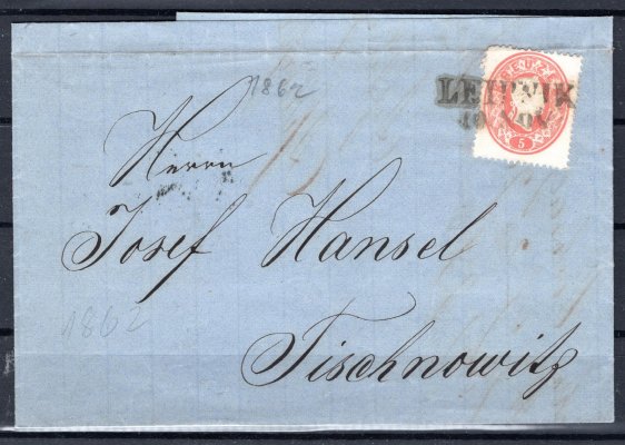 skládaný dopis vyplacený známkou 5 Kr červená, hlava doprava, emise 1860, adresovaný do Tischnowitz, přichod 11/ Nov, tranzitní razítko Brno, podfrankováno bez doplatného ()