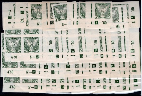 NV 2, Sokol v letu, 5 h zelená, rok 1933, kompletní sestava rohových známek s DZ 1 - 20, velmi těžko sestavitelný komplet deskových čísel,  hledané