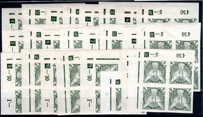 NV 2, Sokol v letu, 5 h zelená, rok 1936, kompletní sestava  s DZ 1 - 12, velmi těžko sestavitelný komplet, vše kromě jednoho rohové 4 bloky v katalogu kurzívou, hledané
