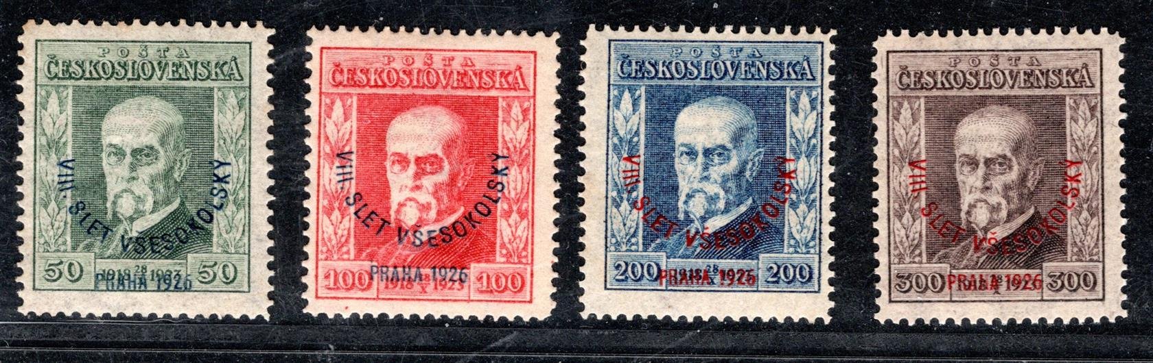 183 - 186 vše  P8  ; Kompletní série Masaryk s přetiskem Slet- všechny známky prusvitka P8 - zkoušeno 