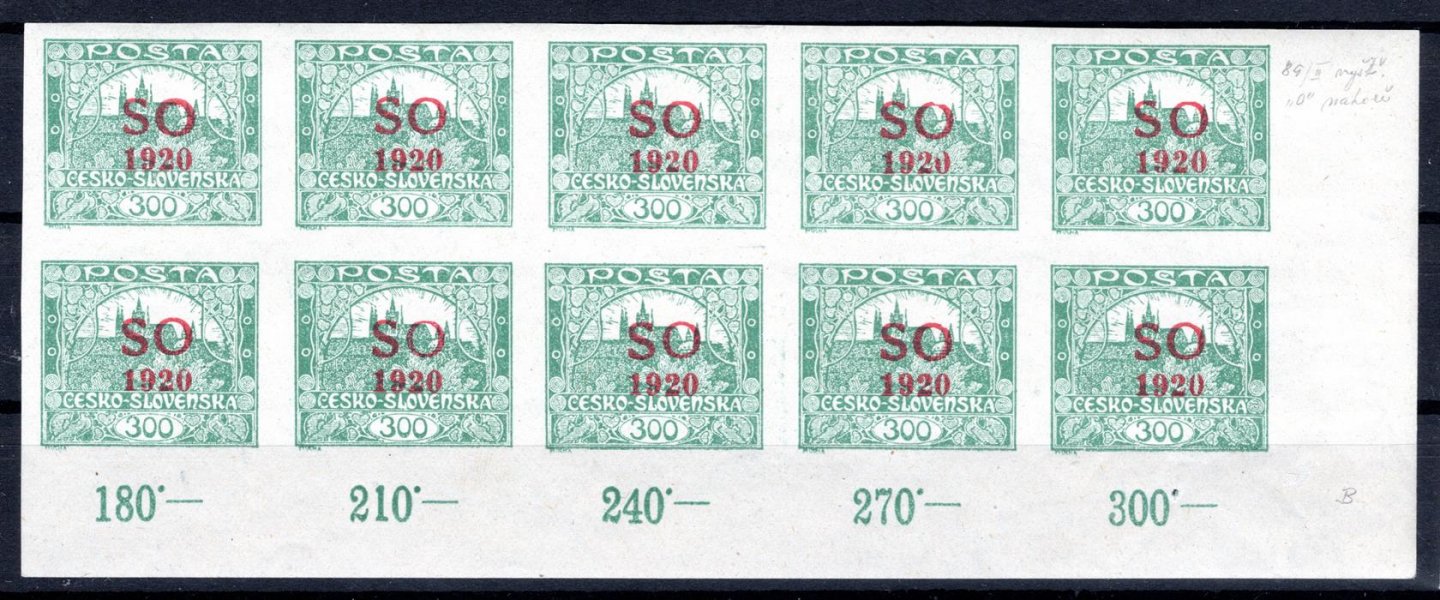 SO 20 pravý dolní rohový 10 ti blok s počítadly, zelenošedá 300 h, deska B, VP 89/II - vyštípnuté písmeno "O" , zk. Gi