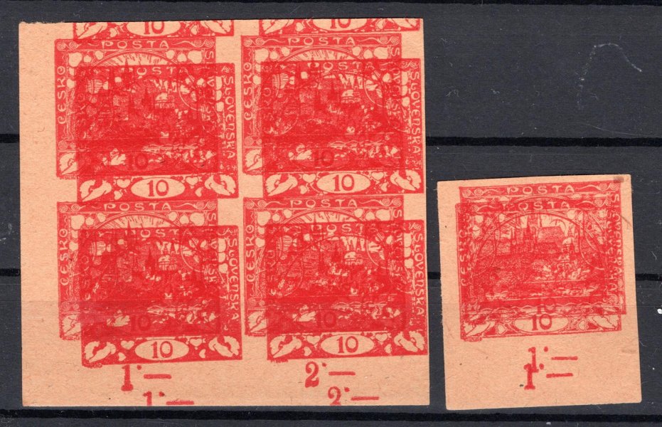 5 ; 10 h červený 4 - blok + základní známka ; 2 x hodiny ZP 91 - zkusmý dvojitý tisk  - jedná se různé desky 