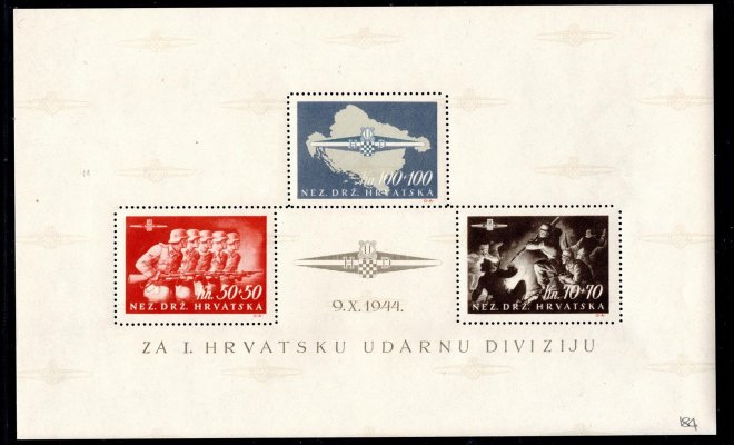 Chorvatsko ( chybně zařazeno) Mi. Bl.8, Unifil BF9; Sturmdivision – Block; exilové vydání, náklad jen 500ks, atest Raybaudi Unifil BF9; Sturmdivision – vzácný a hledaný aršík