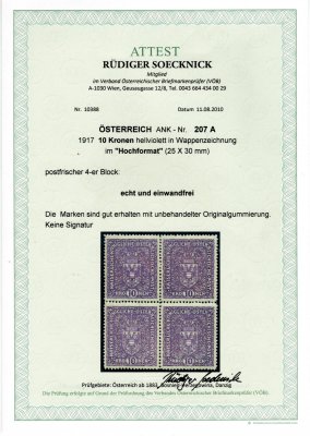 207 A Michel ; 10 koruna znak světlá , úzká ! nejvzácnější varianta rakouské zoubkované známky ! ve 4 bloku zcela mimořádné - Atest Soecknick 