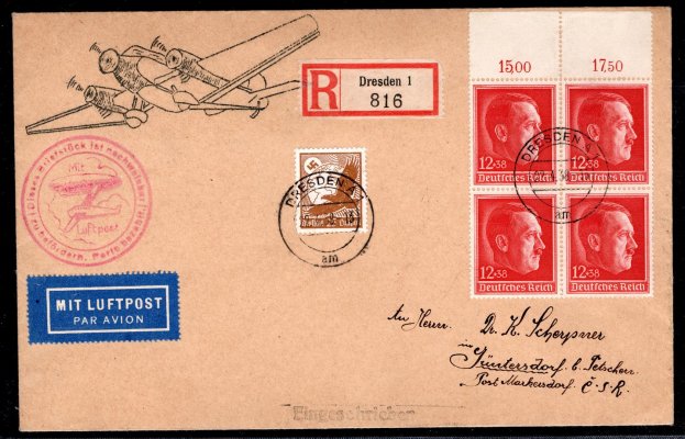 letecký R dopis s krajovým 4 blokem 664 a 533 adresovaný do Česka, příchozí razítko, červený kašet, dekorativní