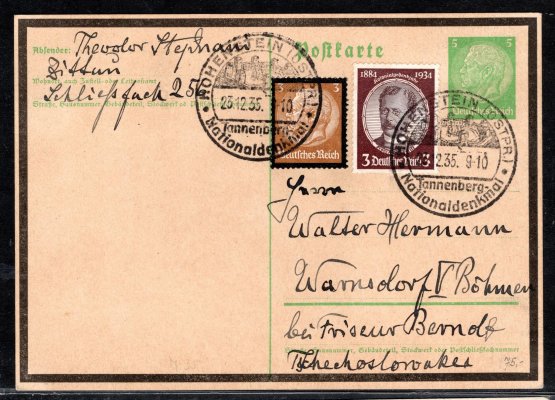 celina DR - Hindenburg, 5 Pfg zelená dofrankovaná známkami DR s příležitostným razítkem "Národní památník"