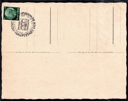 propaganda, dvoudílná pohlednice, "Mnichov 1938", 1 x se známkou 6 Pfg a příležitostným razítkem