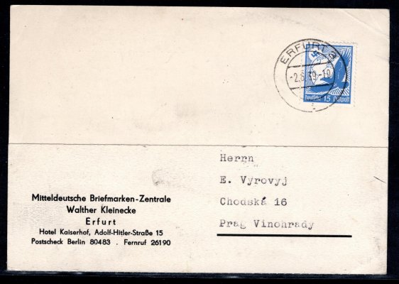 karta z Erfurtu s jednoznámkovou leteckou frankaturou 531 - 15 Pfg modrá adreovaná do Prahy z příchozím razítkem