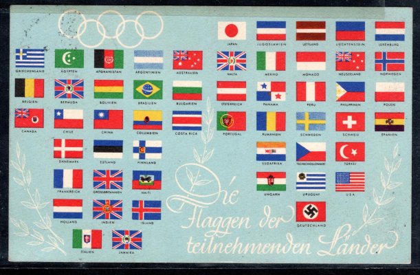 olympijská pohlednice s vlajkami účastnických zemí s jednoznámkovou frankaturou 10 Pfg a příležitostným razítkem