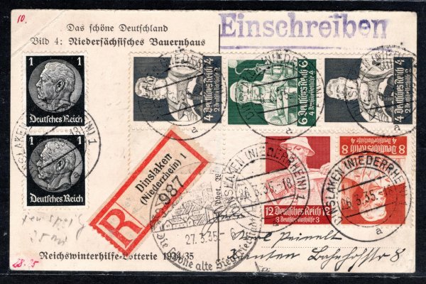 R zaslaná pohlednice, vyfrankovaná spojkami emise řemesla a 2 x Hindenburg a příležitostné razítko, dekorativní