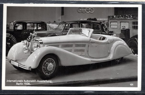 pohlednice automobilu, výstava Berlin 1936 se známkami Daimler a Benz s příležitostným razítkem, vzácné a hledané
