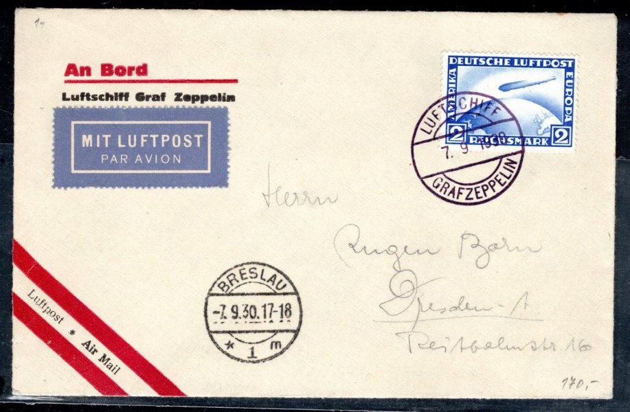 zeppelinový dopis se známkou DR 423 - 2 RM modrá, zeppelinové palubní razítko, příchozí Breslau