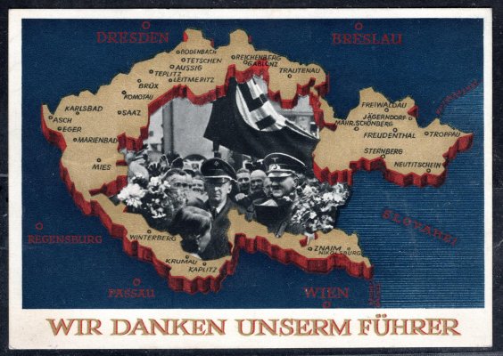 Propaganda, obrazová celi 6 Pfg - obsazení Sudet s frankaturou DR a příležitostným razítkem