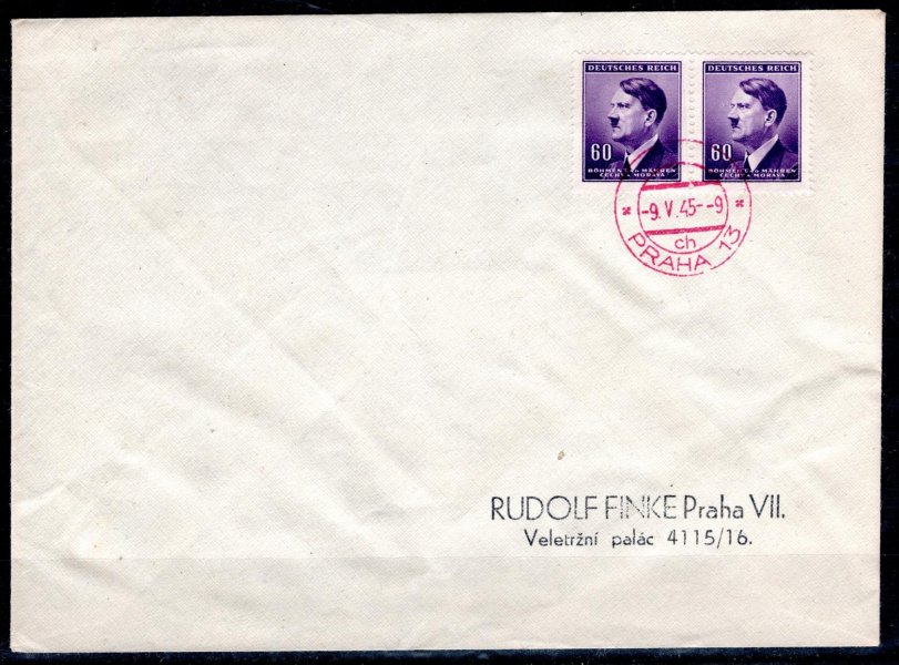 Dopis vyfrankování dvoupáskou 60 H Hitler - červené razítko Praha 13 - 9.5.1945 - Den osvobození Prahy 