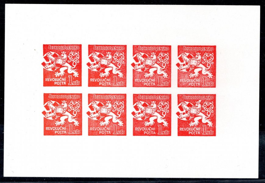 945 PRAHA / Lev trhající okovy, návrh V. Preissiga na revoluční zn., 8-známkový TL v červené barvě na bílém papíru bez lepu křídový papír bezvadný