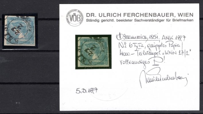 Rakousko - 1851, Fe. č. 6, typ 1a, modrý Merkur, rýhovaný papír (gerippelt), dvoukruhové kompletní razítko " KNIN 27/2 ", velmi hezká známka, krásný střih, vyjadření a zk. Ferchenbauer