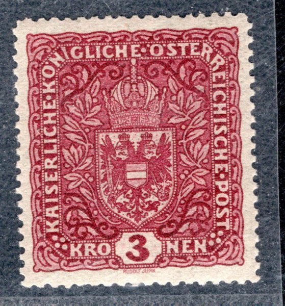 201 II ; 3 koruna tmavě červená - široký formát 26 mm x 29 mm - kat. cena 450 euro 