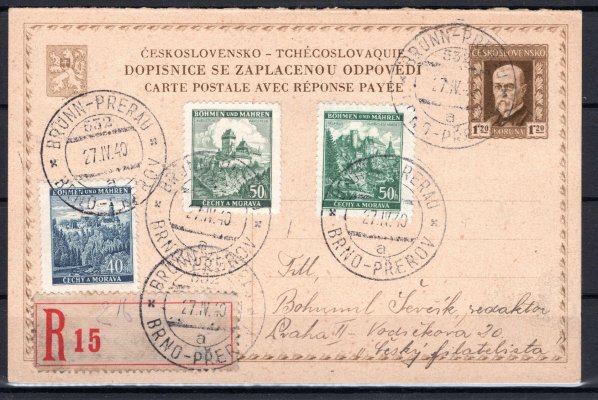 vlaková pošta, CDV 34 II, odpovědní část, s provizorní R nálepkou, dofrankovaná známkami č. 28, 29 + 41, vlakové razítko  Brno - Přerov, 27/IV/40, adresovaná do Prahy, zajímavé a hledané