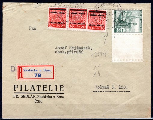 R dopis se známkami 3 x 3 a 34 KP, na zadní straně 4 x 4,  ze Zastávky u Brna14/IX/39 do Volyně