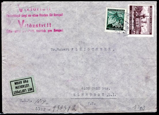 letecký dopis do N.Y. - USA, vyplacený č. 27 a 46, obdélníkové červené razítko "VIKTORIA", letecká nálepka, lehce omačkané rohy, na zadní straně německá cenzura,
