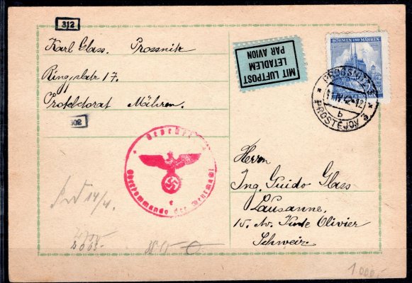 karta adresovaná do Švýcarska se známkou č. 60 - 2,50 K modrá, letecká nálepka a razítko německé cenzury, podcí pošta Prostějov 11/IV/42