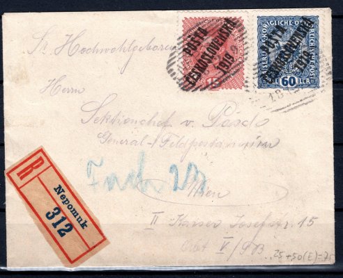 R dopis malého formátu z Nepomuku, nádražní razítko, vyplacený rakouskými  známkami s přetiskem PČ 1919, zaslaný do Vídně , správné porto !, hezké