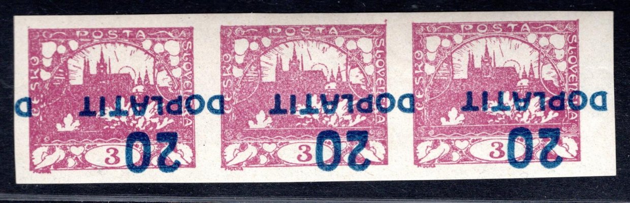 DL 16a  krajová třípáska, 20/3 fialová, přetisk převrácený, prostřední známka stopa po nálepce -  modrý, zk. Be, kat 4500,-