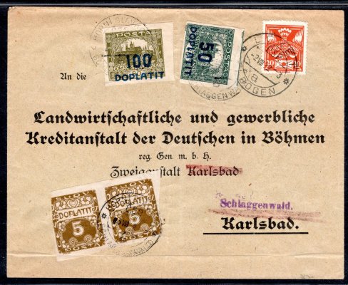 dopis z Lokte 2/VIII/22 vyplacený 20 h holubice do Schlagenwaldu ( Horní Slavkov), zde zatížen doplatkem v celkové výši 1,60 Kč, hezká celistvost