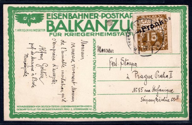 železniční pohlednice adresovaná do Prahy, vyplacena DL 3 s přetiskem FRANCO
