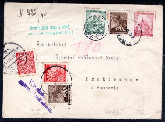 dopis z Ředitelství drah v Brně zaslaný jako nedostatečně vyplacený do Protivanova, zde zatížen doplatným ve formě výplatních známek č. 21+22 a doplatní č. DL 6, zajímavé, stopy poštovního provozu