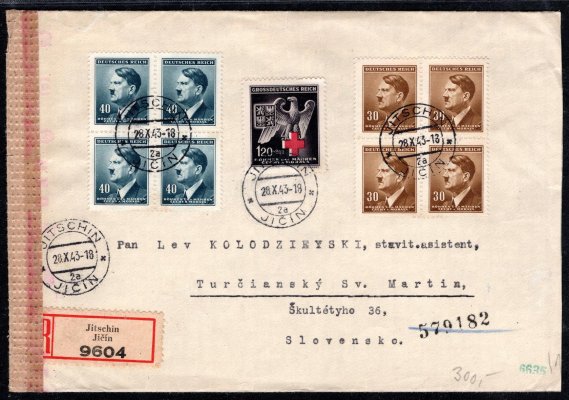 R dopis z Jičína 28/X/43 na Slovensko, vyplacený na přední i zadní straně, 4 bloky z emise A.H. a známkou č. 112 - Červený kříž, cenzura