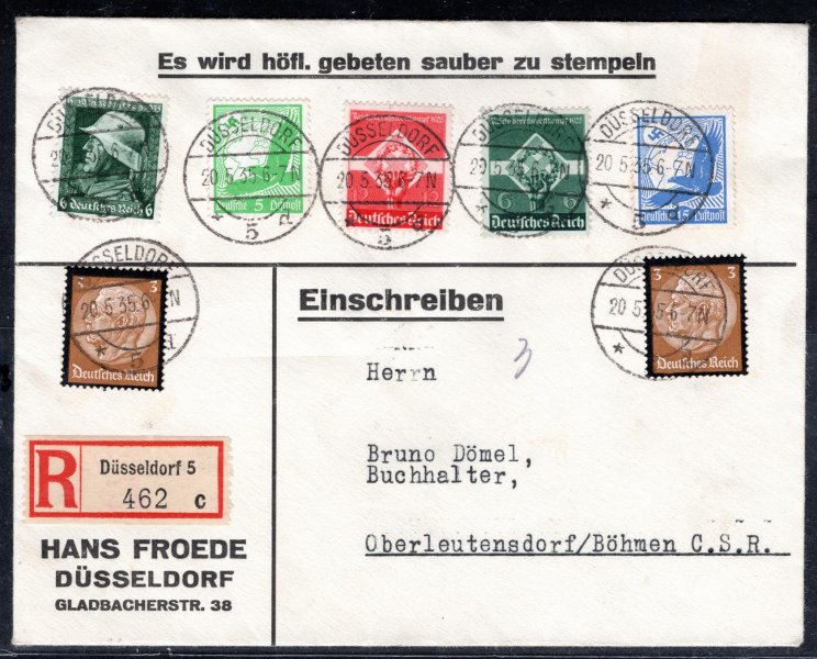 R dopis z Düsseldorfu do Čech s pestrou frankaturou známek DR a příchozím razítkem 