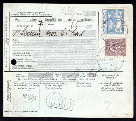 Poštovní spořitelna - 2/3 mezinárodní uherská průvodka 10 f známka poštovní spořitelny () a 25 h Hradčany DR SZAKOLCZA ( SKALICA) 25.2.1919, příchozí Turozcczentmarton (Martin), vzácná kombinace, zk. KArásek - katalog 4000 Kč 