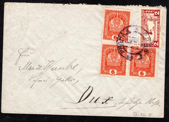 Dopis - trojblok 6 H koruna a 2 H spěšná ve funkci výplatní DR PRAHA 1 30.10.1918 - správný tarif, vzácná kombinace, nešetrně otevřeno 