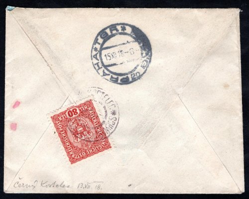 Potrubní Pošta - Express dopis, 80 h malý znak DR nevylámané ČERNÝ KOSTELEC 13.12.1918, příchozí PRAHA tgf 15.12.1918, číslo potrubní pošty 