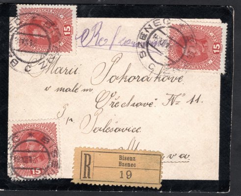 Smuteční R-dopis 3 x 15 h Karel DR nevylámané BZENEC 18.12.1918 (1.den vydání čs. poštovní známky), neupravená R-nálpeka, dekorativní 