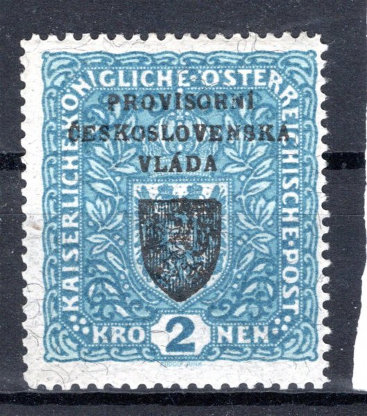 RV 16b, I. Pražský přetisk, znak, papír žilkovaný, modrá 2 K, zk. Mr