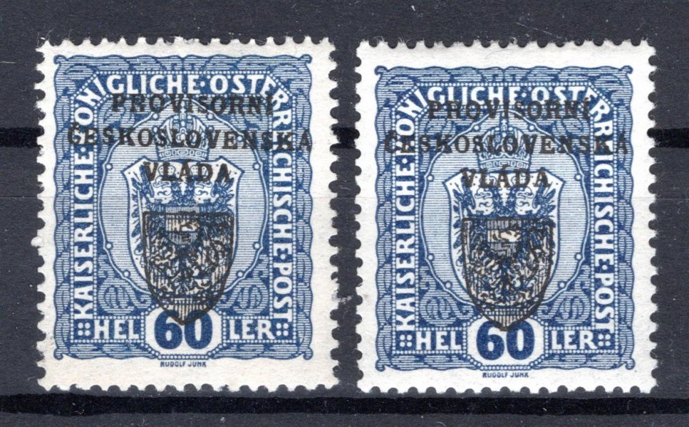 RV 12, I. Pražský přetisk, znak, typ I+II, modrá 60 h, 1 x zk. Gi,Le