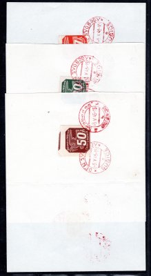 3 x papírové destičky s vylepeným známkami  7 h + 20 h +  50 H novinové - červená razítka - den Svobody Sušice a Svobodná sušice - 5.5.1945 - den Osvobozeni USA armádou 