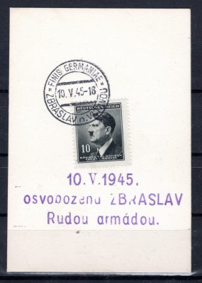 Kartička s vylepenou 10 h Hitler - razítko Finish Germanie / Zbraslav nad Vltavou - 10.5.1945