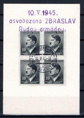 Kartička s vylepenou 10 h Hitler 4- blok  - razítko Finish Germanie / Zbraslav nad Vltavou - 10.5.1945