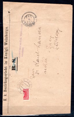 Soudní dopis vyplacený půlenou známkou P 53 - 40 h malé číslo - razítko Praha 1 - 19.1.1919 