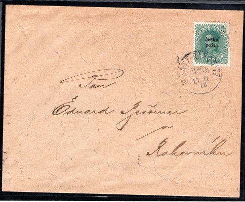 RV - dopis v půli přeložený s privátním revolučním přetiskem na známce Karel 20 h, zelená,adresovaný do Rakovníka, zk. Gilbert 
