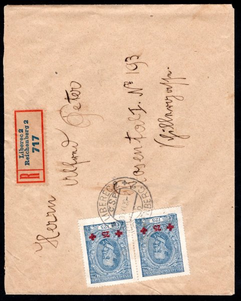 R dopis vyplacená dvoupáskou emise Červený kříž, TGM - spojené typy 125 h modrá, z Liberce 2, 30/XII/20 do Rosenthalu - Hesensko, hledané