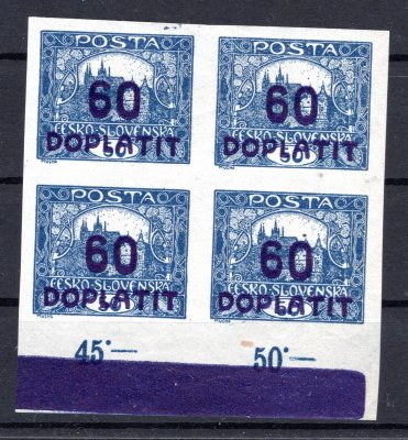 DL 21 ; 60/50 h modrá krajový 4 blok s dolní ocranou lištou a s počítadly, tečka na jedné známce, lehce nastřiženo mezi známkami  - pěkný kus 